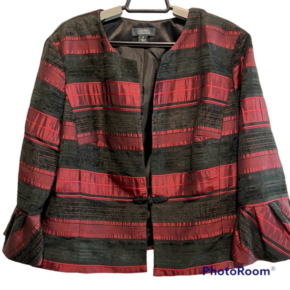 Dressbarn Womens Red & Black Striped Single Breasted Peplum Blazer Size 14